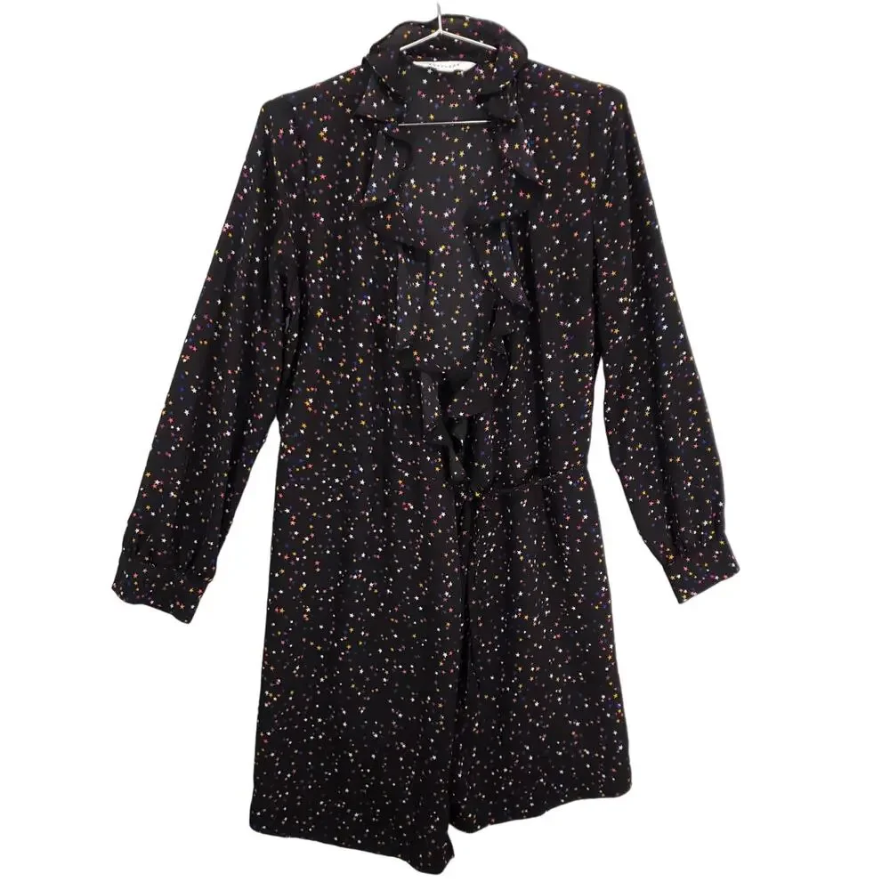Popsugar Wrap Dress Womens Medium Black Multicolor‎ Stars Ruffle Neck Lined Mini